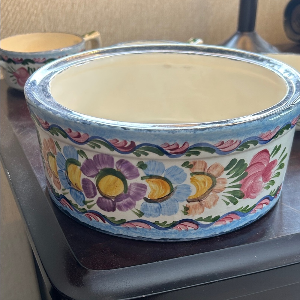 Floral Ceramic Bowl with Blue Trim